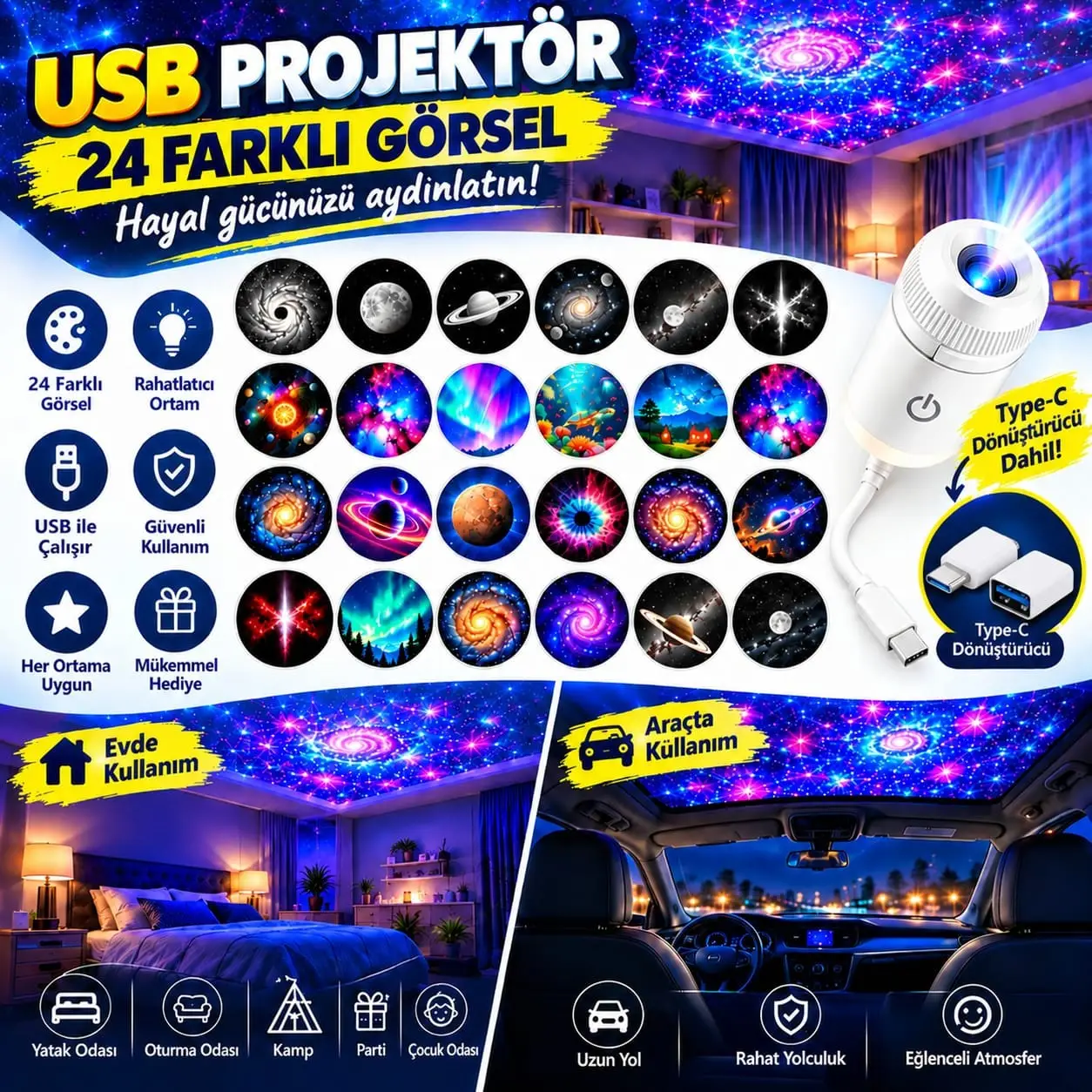 MİGHTY 24 FARKLI DESENLİ USB LED PROJEKTÖR GECE LAMBASI 360 DERECE AYARLANABİLİR YILDIZ GALAKSİ 